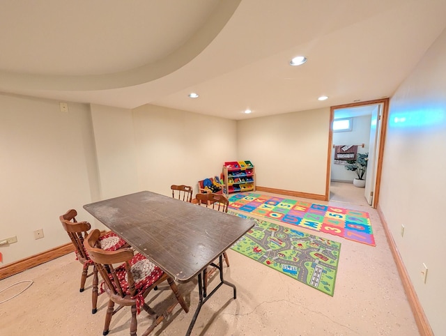recreation room featuring baseboards and recessed lighting