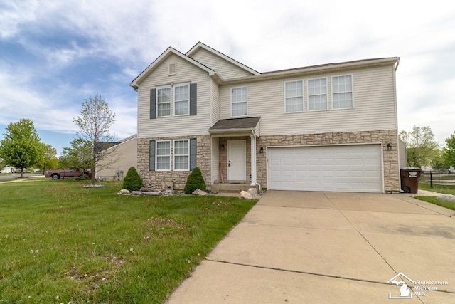 1786 Arbor Creek Dr, Monroe, MI 48162 - view of front of house with stone siding, a garage, driveway, and a front yard