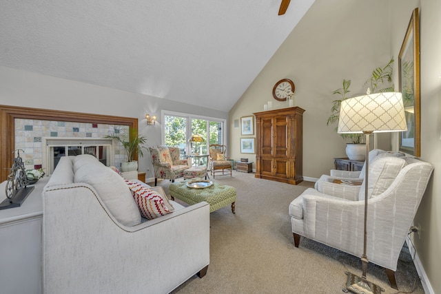 2660 Silverdown Ct, Waterford, MI 48328 - carpeted living room with high vaulted ceiling, baseboards, and a ceiling fan