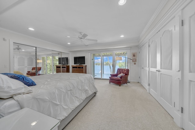 2660 Silverdown Ct, Waterford, MI 48328 - bedroom featuring access to outside, ornamental molding, recessed lighting, carpet flooring, and a ceiling fan