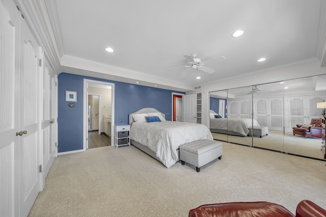 2660 Silverdown Ct, Waterford, MI 48328 - bedroom with ornamental molding, carpet flooring, recessed lighting, baseboards, and ceiling fan
