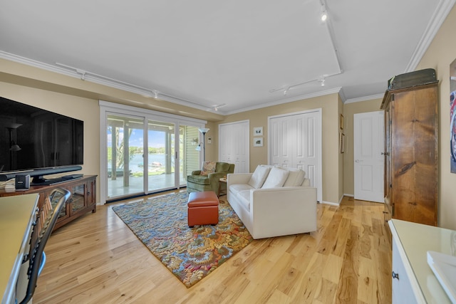 2660 Silverdown Ct, Waterford, MI 48328 - living area with rail lighting, ornamental molding, and light wood-style floors