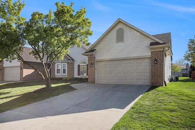 view of front of home with brick siding, driveway, central air condition unit, a front lawn, and a garage