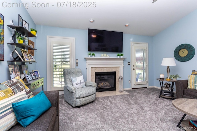 25380 Tara Ln, Flat Rock, MI 48134 - carpeted living room featuring healthy amount of natural light and a high end fireplace