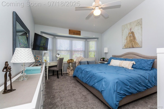 25380 Tara Ln, Flat Rock, MI 48134 - carpeted bedroom featuring vaulted ceiling and a ceiling fan