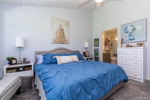 25380 Tara Ln, Flat Rock, MI 48134 - bedroom with carpet, ensuite bathroom, and ceiling fan