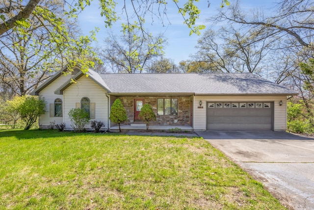 11021 Heather Ln, Canadian Lakes, MI 49346 - ranch-style home with a garage, driveway, a front yard, stone siding, and covered porch