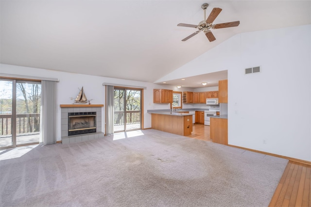 11021 Heather Ln, Canadian Lakes, MI 49346 - unfurnished living room with a fireplace, a ceiling fan, high vaulted ceiling, baseboards, and light wood-type flooring