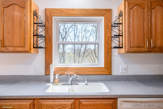 11021 Heather Ln, Canadian Lakes, MI 49346 - kitchen featuring white dishwasher, a sink, light countertops, and brown cabinets