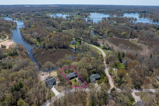 11021 Heather Ln, Canadian Lakes, MI 49346 - aerial overview of property's location featuring a nearby body of water, property parcel outlined, and a forest