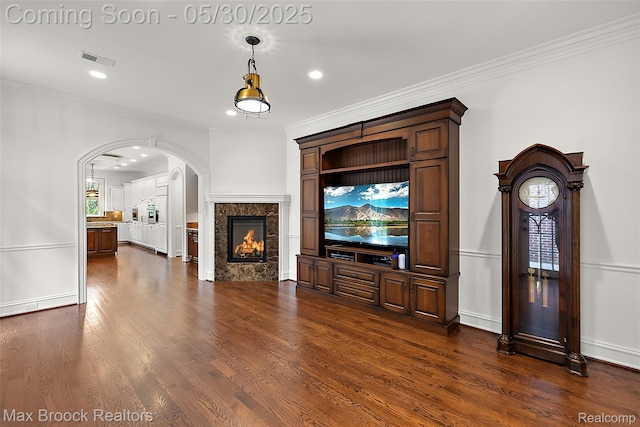 222 Arlington St, Birmingham, MI 48009 - unfurnished living room featuring arched walkways, dark wood-style floors, recessed lighting, crown molding, and a fireplace