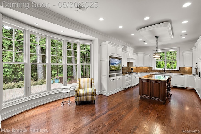 222 Arlington St, Birmingham, MI 48009 - kitchen with ornamental molding, stainless steel gas stovetop, tasteful backsplash, white cabinets, and dark wood-style flooring
