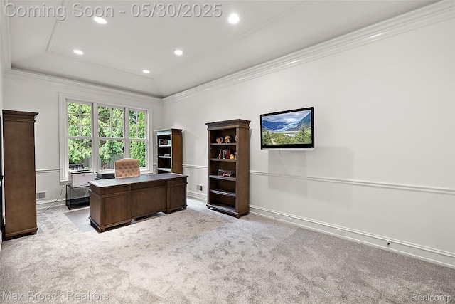 222 Arlington St, Birmingham, MI 48009 - home office featuring light carpet, crown molding, baseboards, recessed lighting, and a tray ceiling
