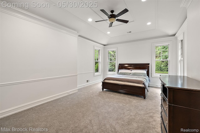 222 Arlington St, Birmingham, MI 48009 - carpeted bedroom featuring a raised ceiling, baseboards, recessed lighting, and a ceiling fan
