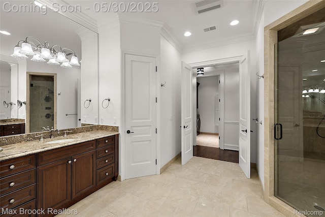 222 Arlington St, Birmingham, MI 48009 - full bath with a shower stall, vanity, ornamental molding, recessed lighting, and tile patterned flooring