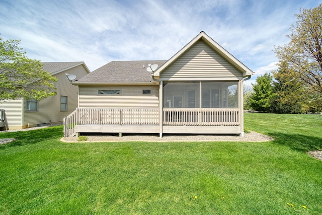 3605 Terrace Hills Ln, Jackson, MI 49203 - rear view of house with a lawn, a sunroom, a shingled roof, and a wooden deck