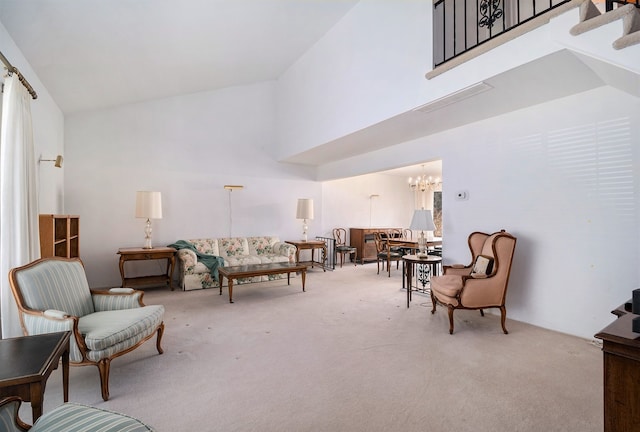 1750 Tiverton Rd Unit 28, Bloomfield Hills, MI 48304 - sitting room featuring high vaulted ceiling, carpet flooring, and a chandelier