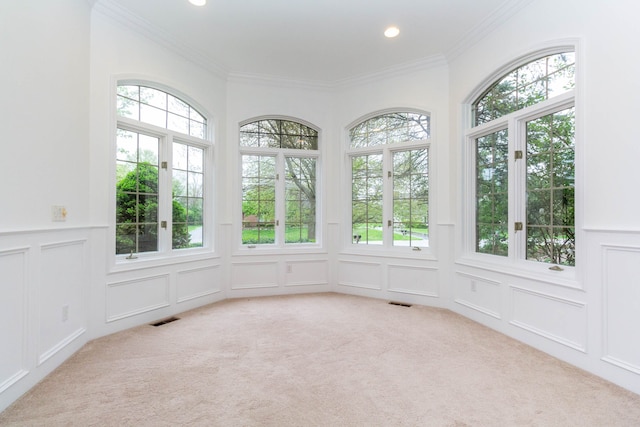 685 Dornoch Dr, Ann Arbor, MI 48103 - unfurnished sunroom with a decorative wall, french doors, carpet, ornamental molding, and recessed lighting