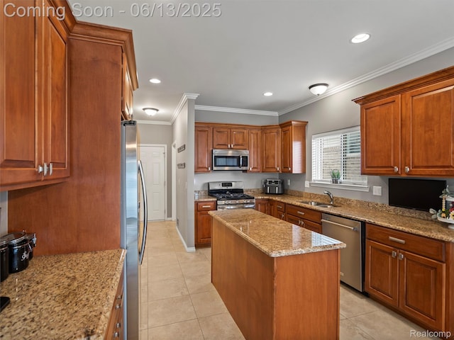 45877 Andrew Dr, Macomb, MI 48044 - kitchen with appliances with stainless steel finishes, light tile patterned floors, a center island, crown molding, and brown cabinetry