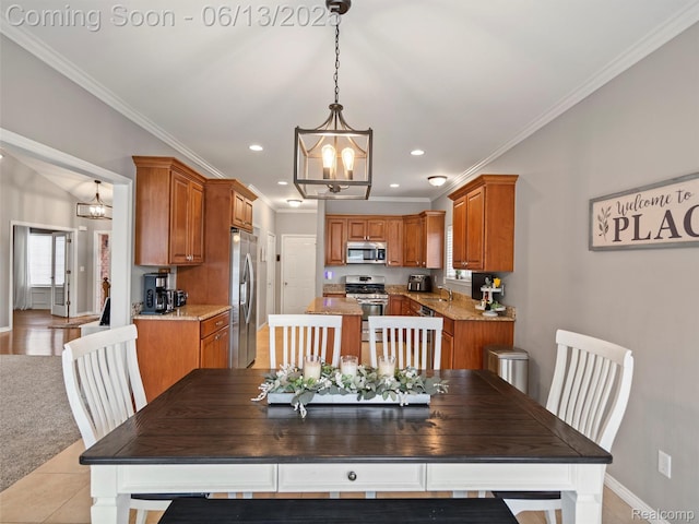 45877 Andrew Dr, Macomb, MI 48044 - dining space with a chandelier, crown molding, recessed lighting, and light tile patterned floors