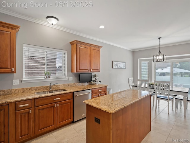 45877 Andrew Dr, Macomb, MI 48044 - kitchen featuring stainless steel dishwasher, light tile patterned floors, brown cabinets, a kitchen island, and light stone countertops