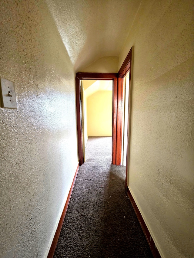19183 Yonka St, Detroit, MI 48234 - hall with carpet flooring, a textured wall, and vaulted ceiling