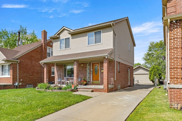 6809 Kingsley St, Dearborn, MI 48126 - traditional-style house featuring covered porch, brick siding, a front yard, and an outdoor structure