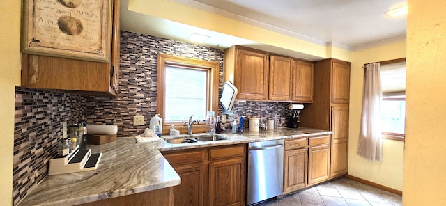 9608 Mercedes, Redford, MI 48239 - kitchen featuring dishwasher, brown cabinets, healthy amount of natural light, and crown molding
