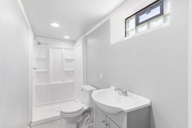 11580 Findlay St, Detroit, MI 48205 - bathroom with toilet, a stall shower, vanity, recessed lighting, and ornamental molding