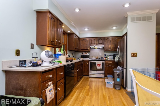 3168 Farmbrook Ln, Metamora, MI 48455 - kitchen featuring stainless steel appliances, light wood-style flooring, under cabinet range hood, light countertops, and ornamental molding
