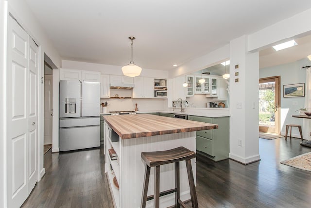 2142 Spring Ridge Dr, Ann Arbor, MI 48103 - kitchen with refrigerator with ice dispenser, butcher block counters, open shelves, dark wood-style flooring, and recessed lighting