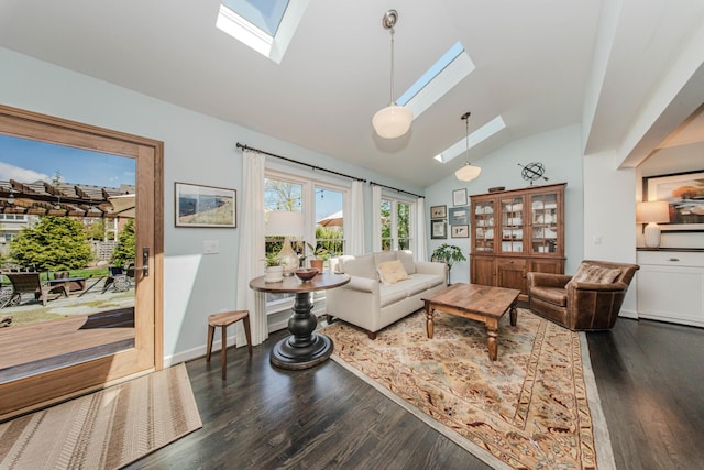 2142 Spring Ridge Dr, Ann Arbor, MI 48103 - living area with a skylight, dark wood-style floors, and lofted ceiling