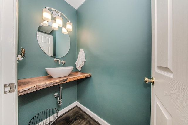2142 Spring Ridge Dr, Ann Arbor, MI 48103 - bathroom featuring a sink, baseboards, and wood finished floors