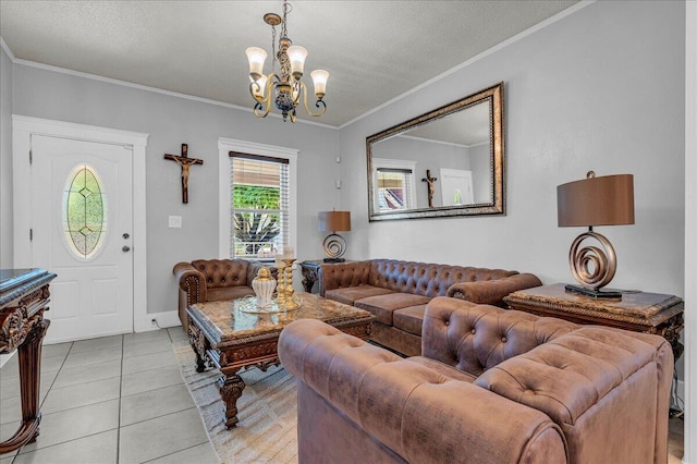 living room featuring a chandelier, ornamental molding, light tile patterned flooring, and a textured ceiling