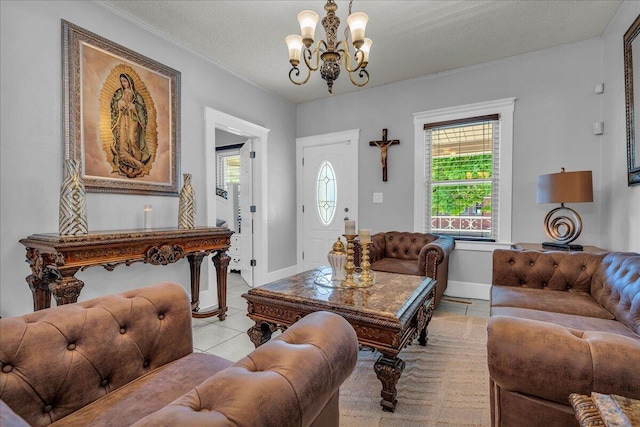 living area featuring a chandelier, crown molding, light tile patterned flooring, and baseboards