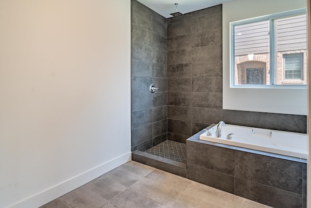 54598 Deadwood Ln, Utica, MI 48316 - bathroom with tiled shower, a garden tub, tile patterned flooring, and baseboards