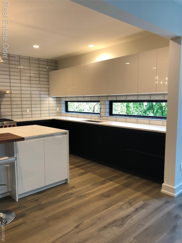 145 Westchester Way, Birmingham, MI 48009 - kitchen featuring modern cabinets, a sink, tasteful backsplash, and recessed lighting