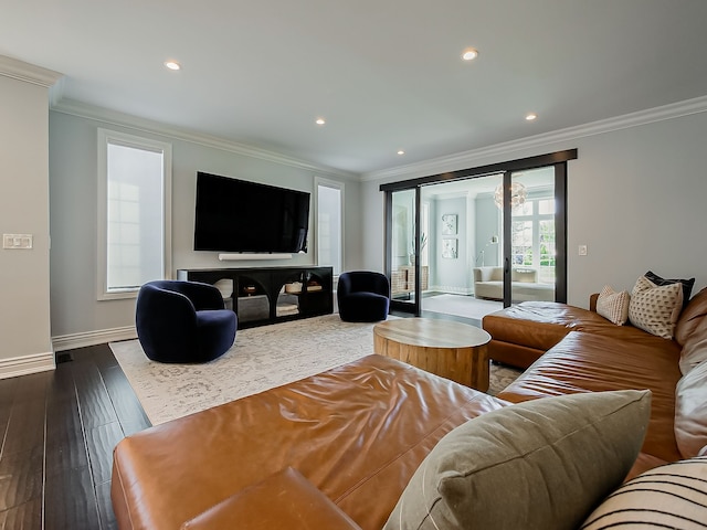 living area with crown molding, baseboards, dark wood-type flooring, and recessed lighting