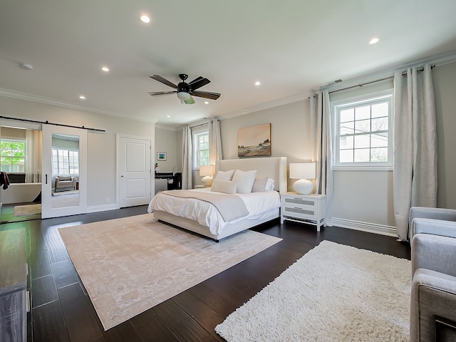 bedroom with ornamental molding, recessed lighting, dark wood-style flooring, baseboards, and ceiling fan