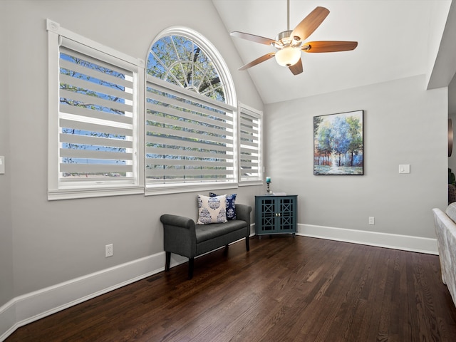 270 S Center St, Northville, MI 48167 - living area with ceiling fan, wood finished floors, baseboards, and lofted ceiling