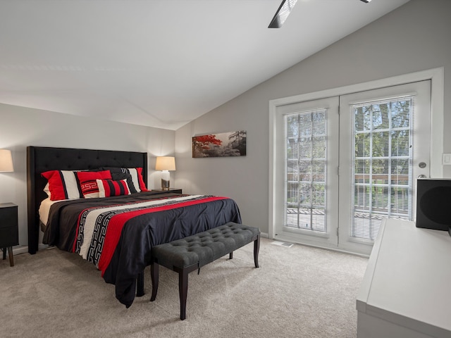 270 S Center St, Northville, MI 48167 - carpeted bedroom with vaulted ceiling, access to exterior, and ceiling fan