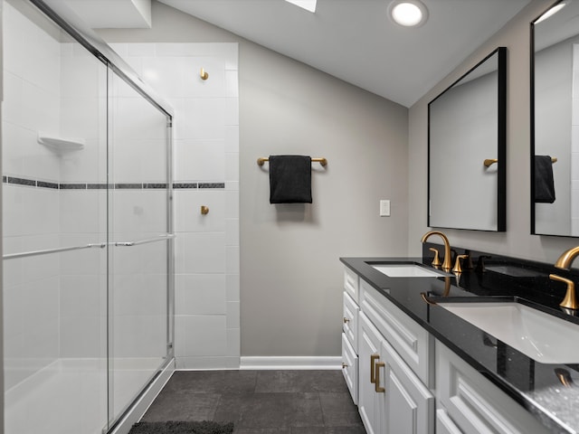 270 S Center St, Northville, MI 48167 - full bath featuring a shower stall, double vanity, baseboards, recessed lighting, and tile patterned floors
