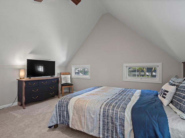 270 S Center St, Northville, MI 48167 - bedroom featuring light carpet, vaulted ceiling, baseboards, and ceiling fan