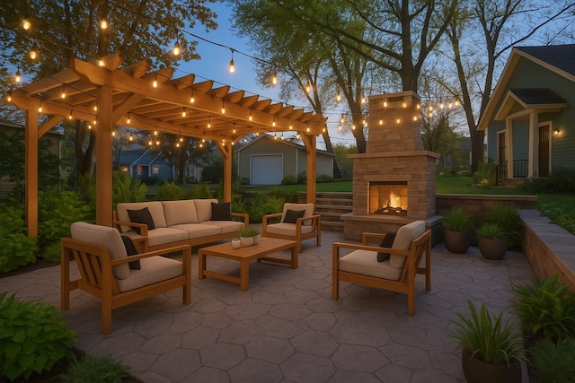 270 S Center St, Northville, MI 48167 - patio terrace at dusk with an outdoor living space with a fireplace and a pergola
