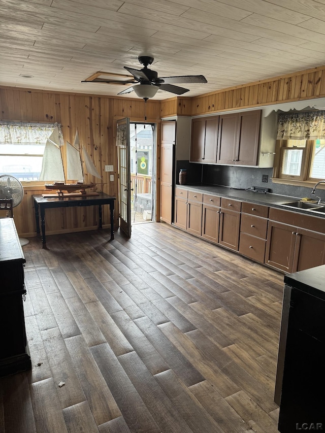 1730 Round Lake Hwy, Manitou Beach, MI 49253 - kitchen featuring a sink, healthy amount of natural light, ceiling fan, dark wood-style flooring, and wood walls