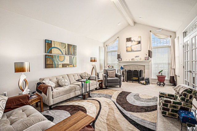 5695 Storrow Ct, Warren, MI 48092 - carpeted living room featuring beamed ceiling, high vaulted ceiling, and a fireplace