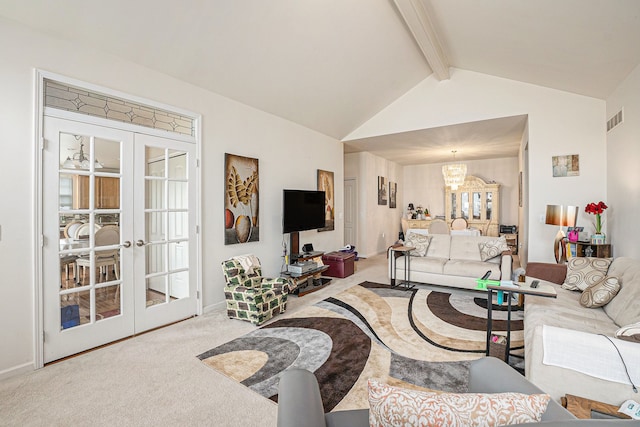 5695 Storrow Ct, Warren, MI 48092 - carpeted living room featuring french doors, a chandelier, beamed ceiling, baseboards, and high vaulted ceiling