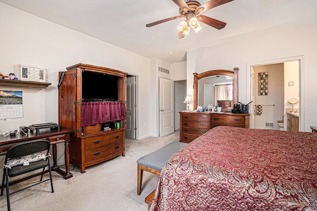 5695 Storrow Ct, Warren, MI 48092 - bedroom with light colored carpet, a desk, a ceiling fan, and connected bathroom