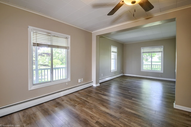 empty room featuring baseboard heating, ornamental molding, a ceiling fan, and dark wood-style flooring