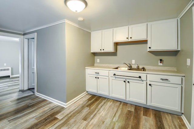 kitchen with radiator heating unit, a sink, wood finished floors, light countertops, and crown molding